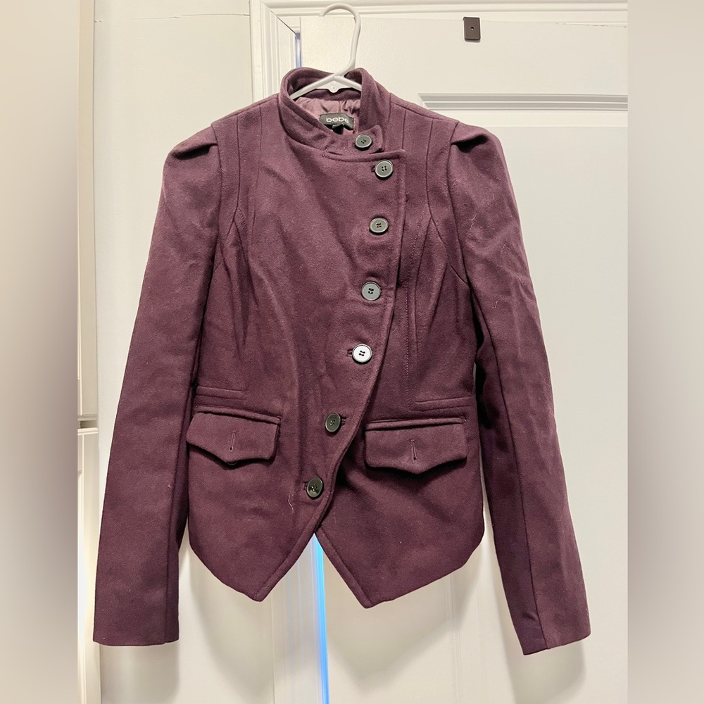 bebe Women's Dark Plum Asymmetric Button Jacket Ann Demeulemeester vibes